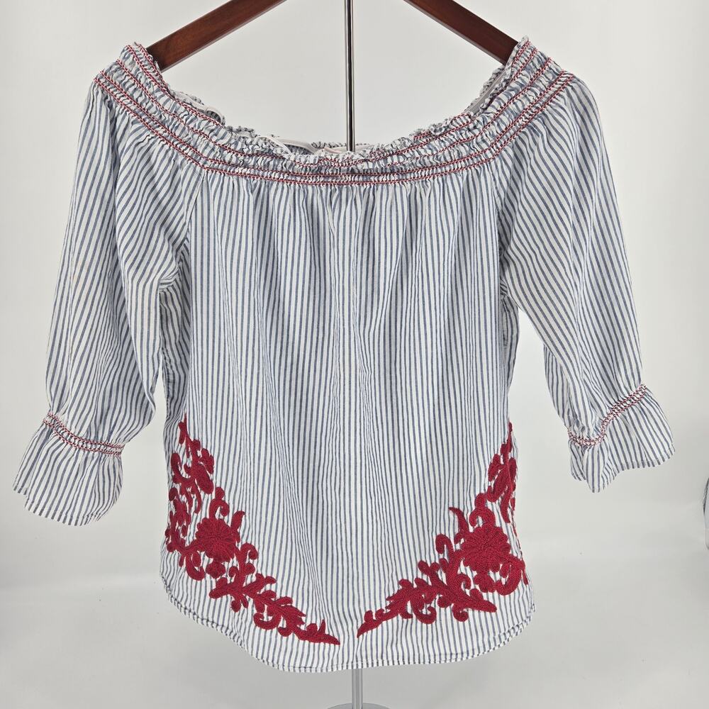 Westport Off-Shoulder Americana Top | Blue White Stripe + Red Embroidery | Size